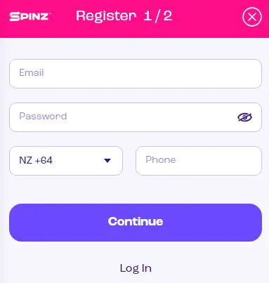 Registration process at spinz casino