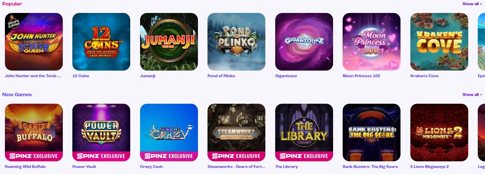 Best games at spinz casino